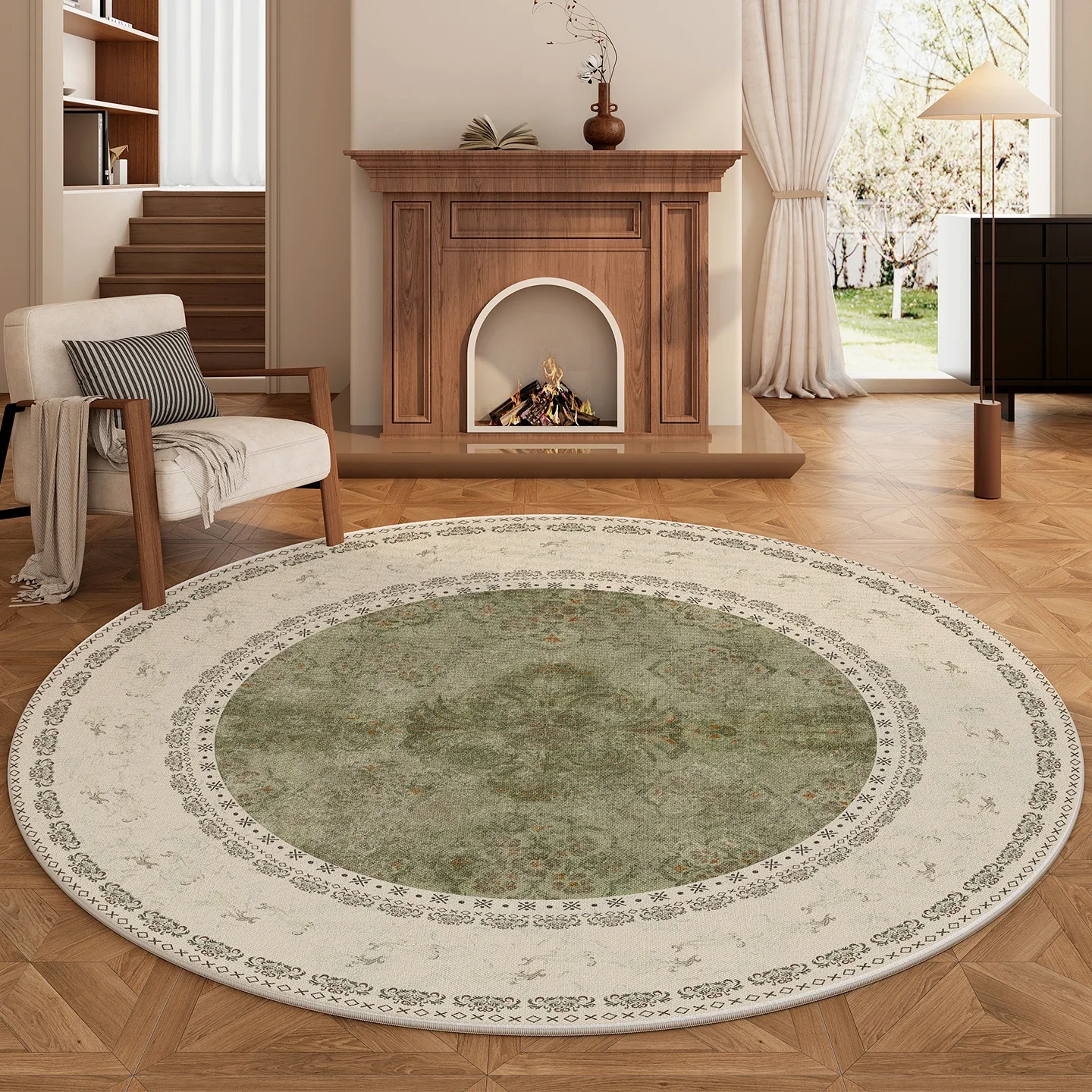 French-Inspired Floral Round Rug – Washable Non-Slip Home Decor for Bedroom, Living Room & Study