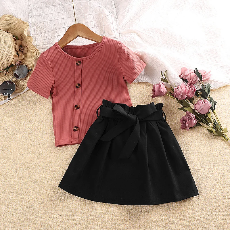 Girl Two Piece Set Summer New Solid Color Short Sleeve & Black Skirt Sweet Elegant Vacation Daily Casual Preppy Style Outifits