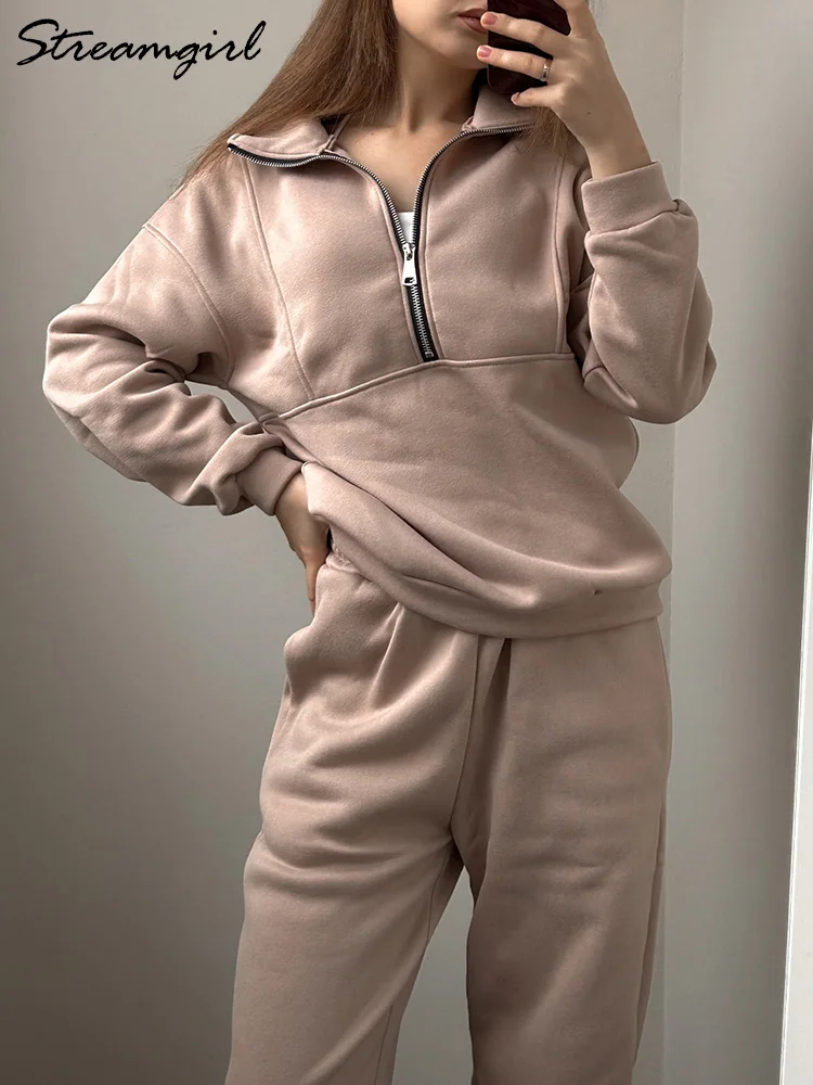 Gray Warm Fleece Suit For Women Winter Thick Velvet Pants Sets Sweatpants Sweatshirt Ladies Warrn Tracksuit Women Two Piece Set