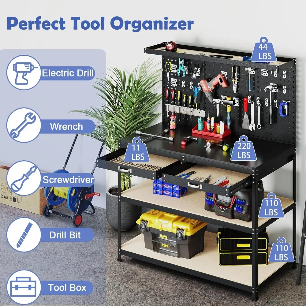 Banco de trabajo resistente de 48 x 24 con cajones, tablero perforado, estantes de almacenamiento, accesorios para colgar, capacidad de 506 libras