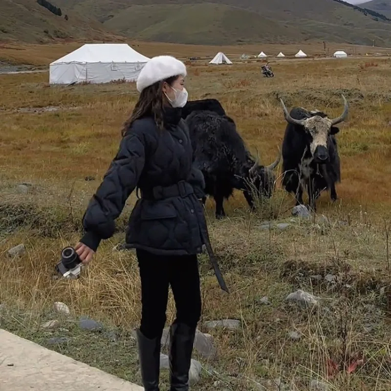 

Slimming Cotton Jaet Women's Winter Faion Korean Sle ort Quilted Coat Chic Diamond Pattern High Collar Zipper Closure