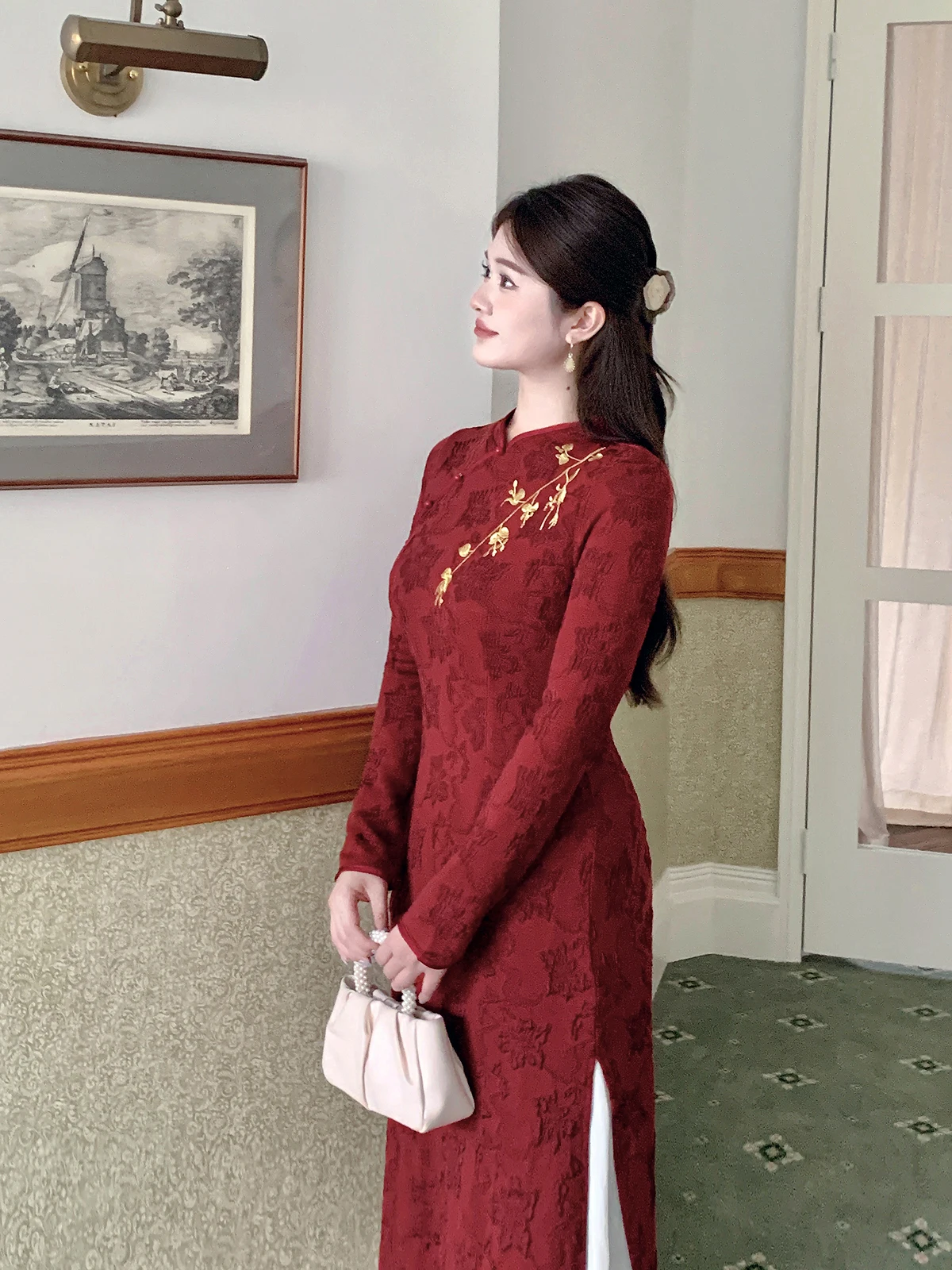 

Красный вышитый новый китайский Sle Reformed Qipao Dr для помолвки с высокой талией Long Sve Midi Dr Ele плюс размер