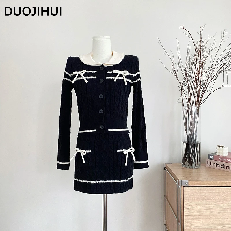 

DUOJIHUI Sweet Two Piece Knit Sweater Women Skirts Autumn New Fashion Button Cardigan Loose Simple Chic Bow Casual Female Skirts