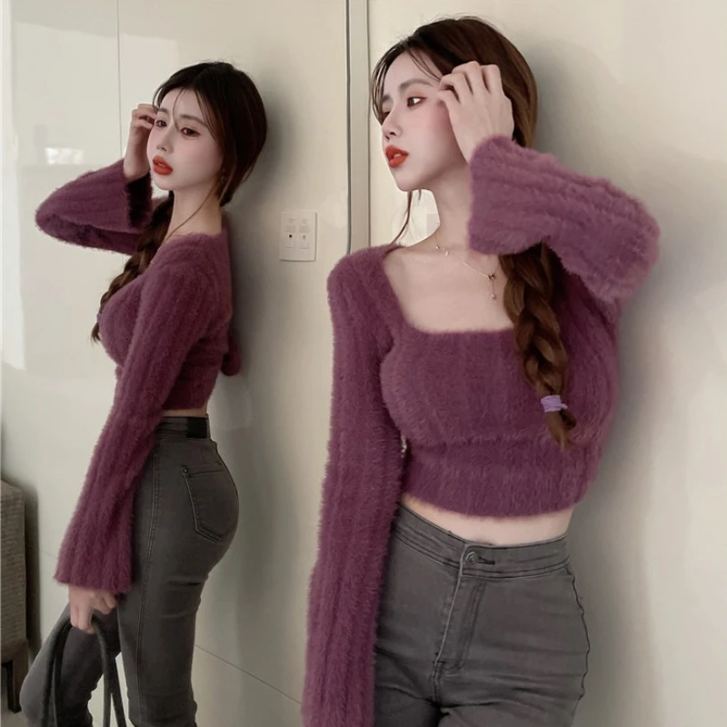 Fluffy Sweaters Women Square Collar Slim Hotsweet Aesthetic Simple Spring Autumn Ladies Stylish Leisure Popular Korean Style