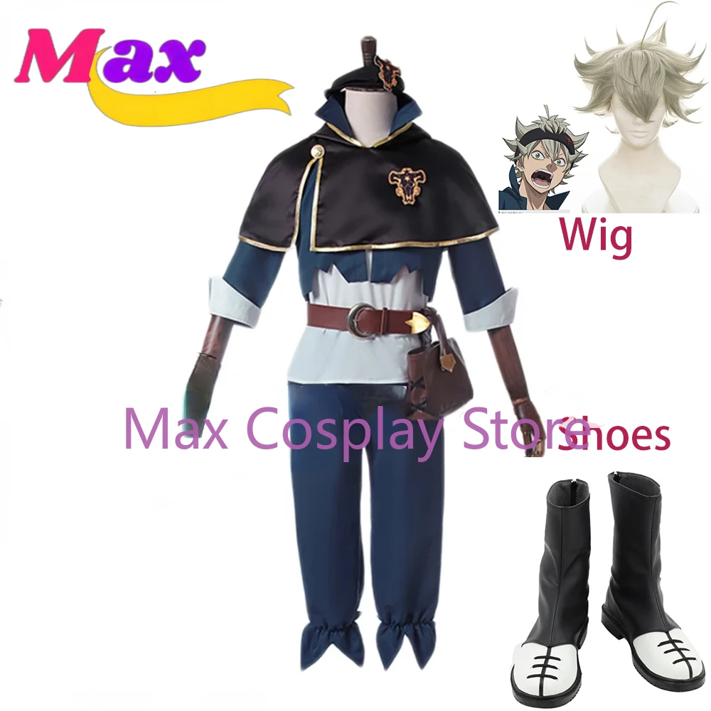 

Max Asta Anime Cosplay Costume Wig Black Bull Cape Cloak White Top Pants Belt Bag Outfit Five Leaf Noelle Men