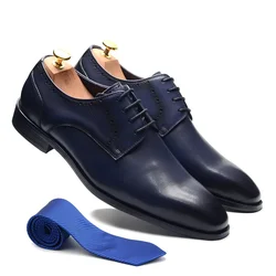 XEBOS Luxury Original Derby Mens Dress Shoes Blue Real Leather Lace Up Plain Pointy Toe Formal Wedding Business Shoes for Men