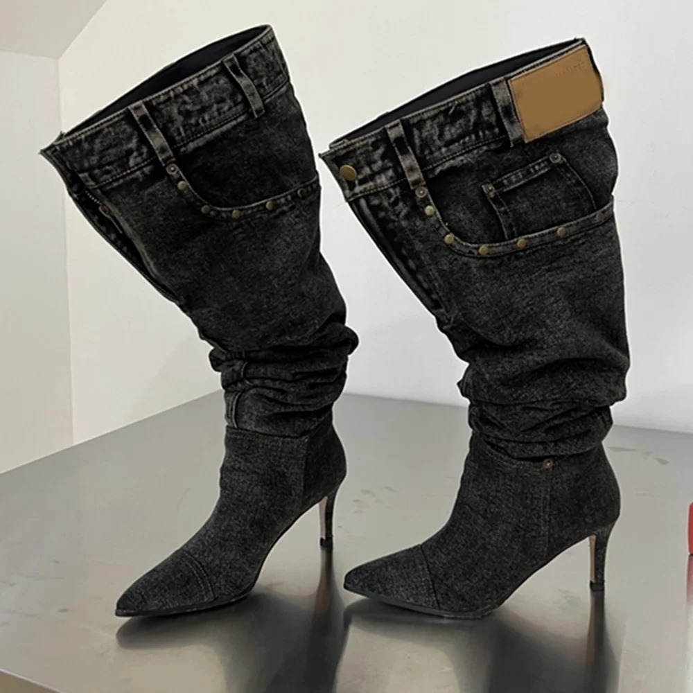 

Denim Pleated Knee High Slouchy Boots Sexy Pointed Toe Thin Heel Solid Slip On New Arrivals Fashion Women Modern Boots