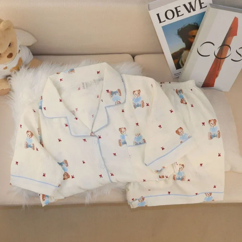 귀여운 잠옷 숙녀 구름 면화 곰 짧은 소매 반바지 카디건 옷깃 만화 플러스 사이즈 유럽 소녀의 사계절 잠옷