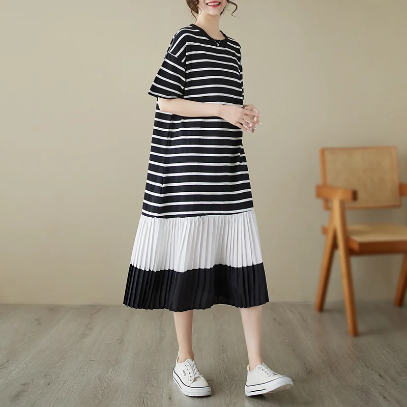 #6643 Black And White Striped T Shirt Dress Women Loose Split Joint Pleated A-line Dress Short Sleeve Summer Tshirt Dress Female