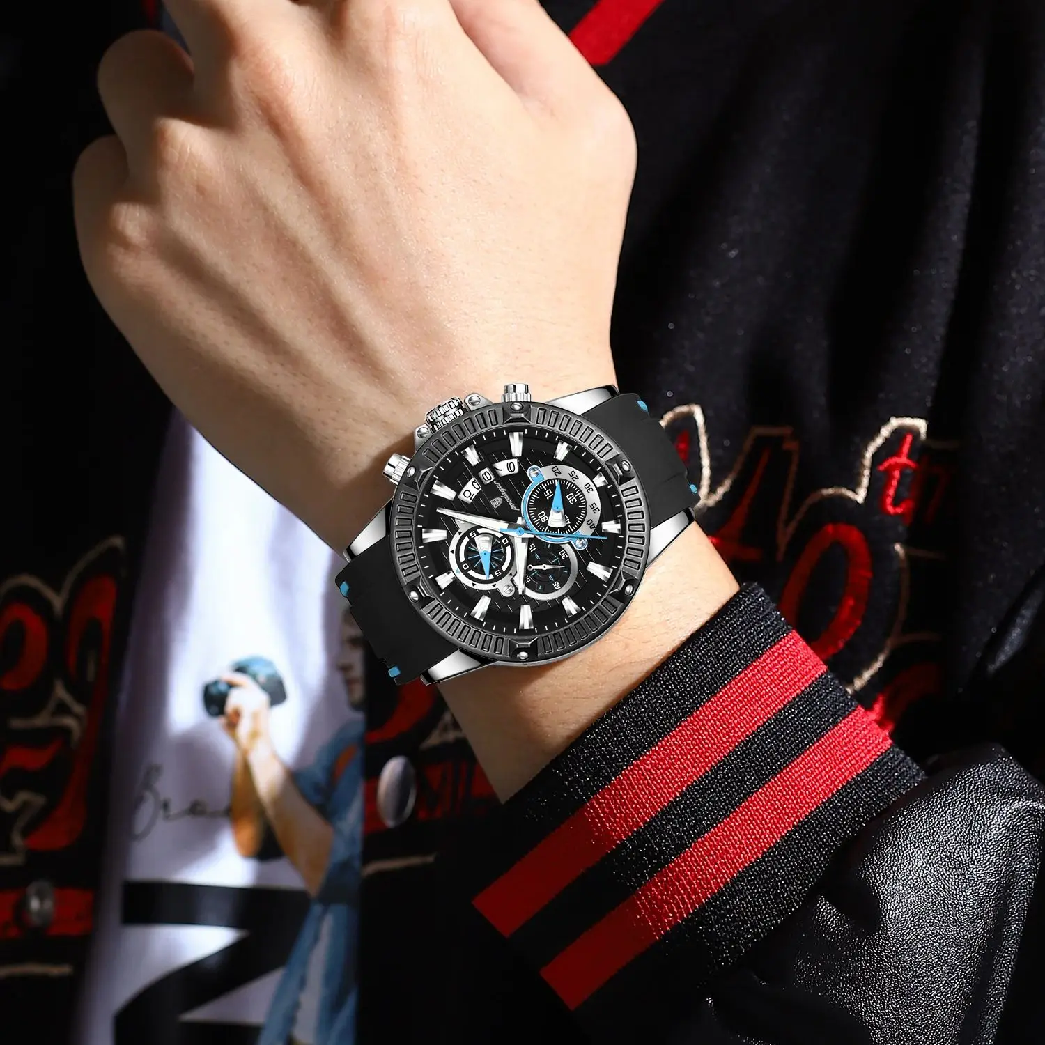 POEDAGAR قمة الموضة الرجال ساعة اليد كرونوغراف تاريخ مقاوم للماء ساعة مضيئة للرجل سيليكون حزام الكوارتز الرياضة ساعات رجالية