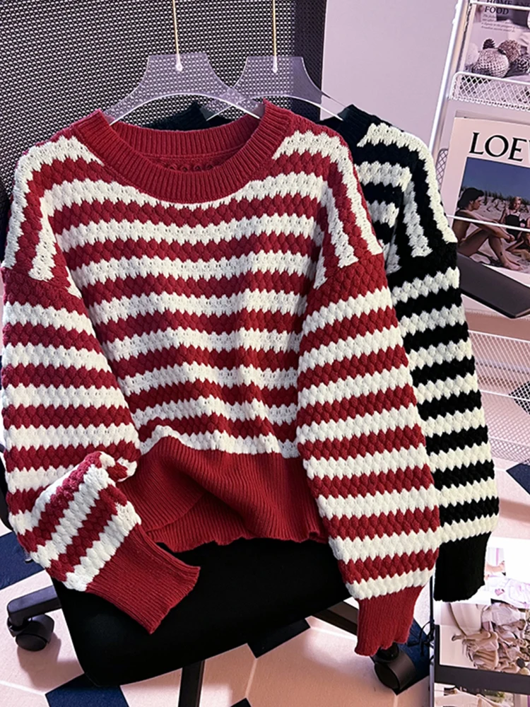 

Oversized Red Striped Sweater Autumn Winter Leisure O-neck Long Sleeve Pullover Knitted Shirts All-matched Women Sweater