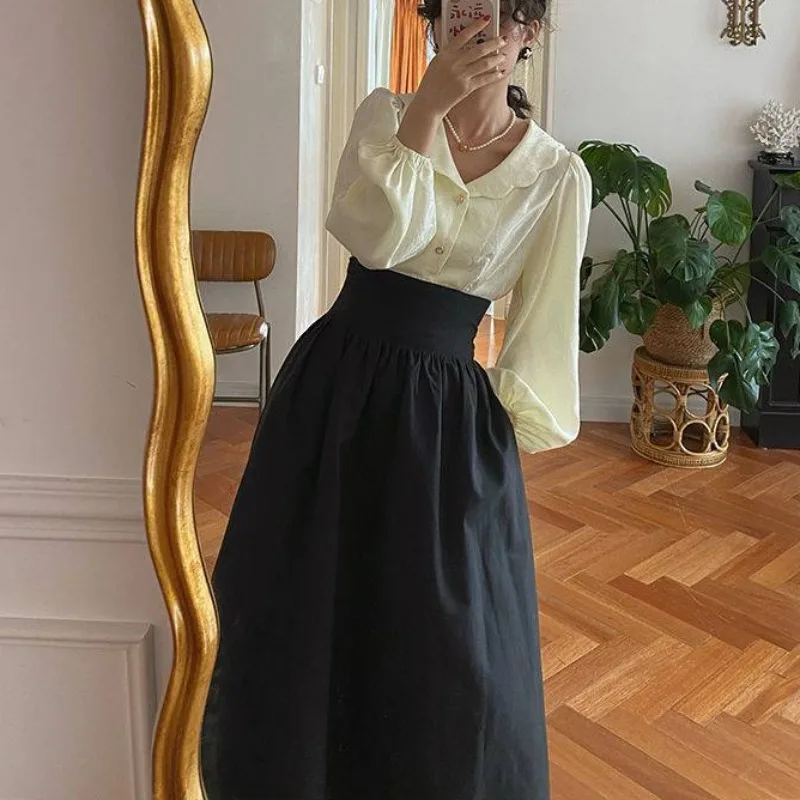 Long Skirts Women Solid High Waist A-line French Vintage Baggy Elegant Lace-up Autumn New Aesthetic All-match Stylish Ulzzang