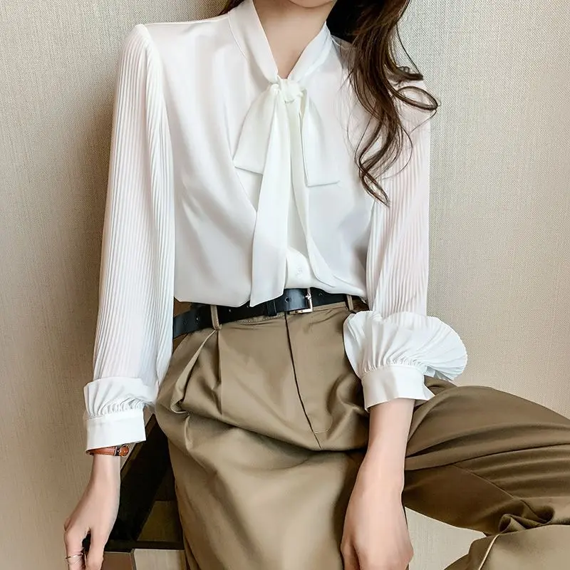 Bow White Shirt for Women Spring Autumn New Long Sleeve Chiffon Solid Loose Temperament Blouse Office Fashion Women Clothing