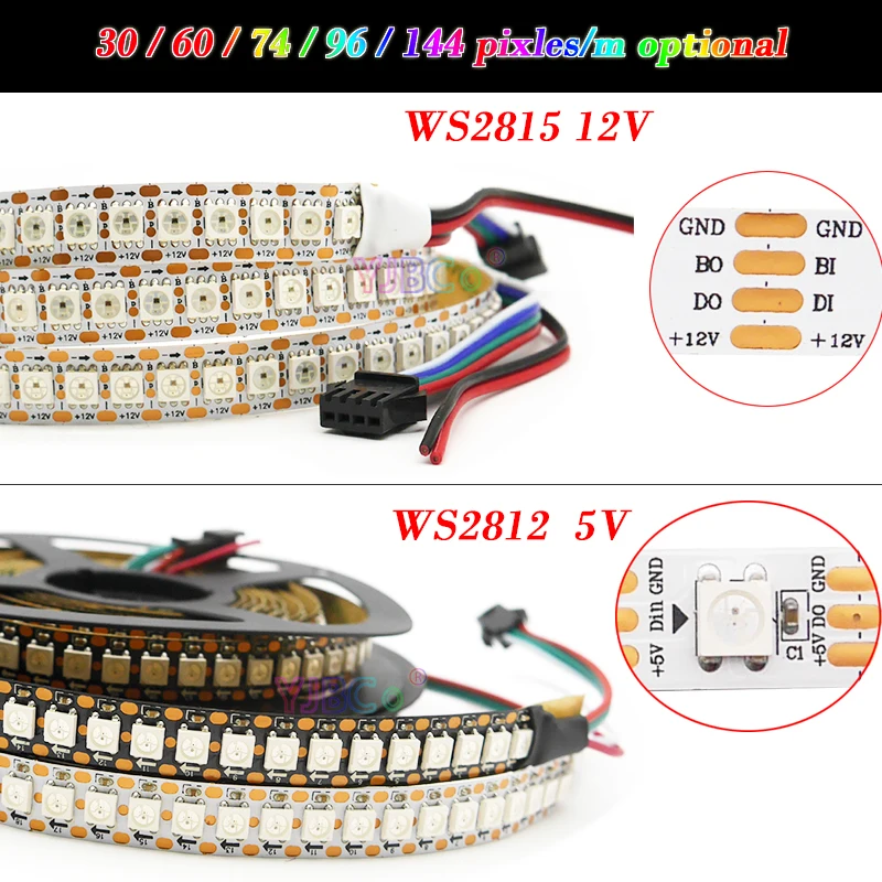 Luz de tira LED mágica, fita, WS2812B, 2812, WS2815, WS2812B, 2812, WS2815, WS2811, IC, 5050 endereçável, RGB, IP30, 65, 67, 30, 60, 74, 96, 144