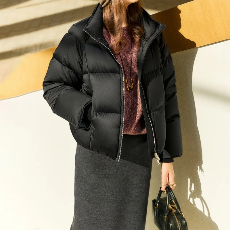 2025, Winter, neue Damen-Stehkragen, Satin, dick, warm, Daunenjacke, Y2K, hochwertige Mode, lässig, weiße Entendaunen-Schneejacke