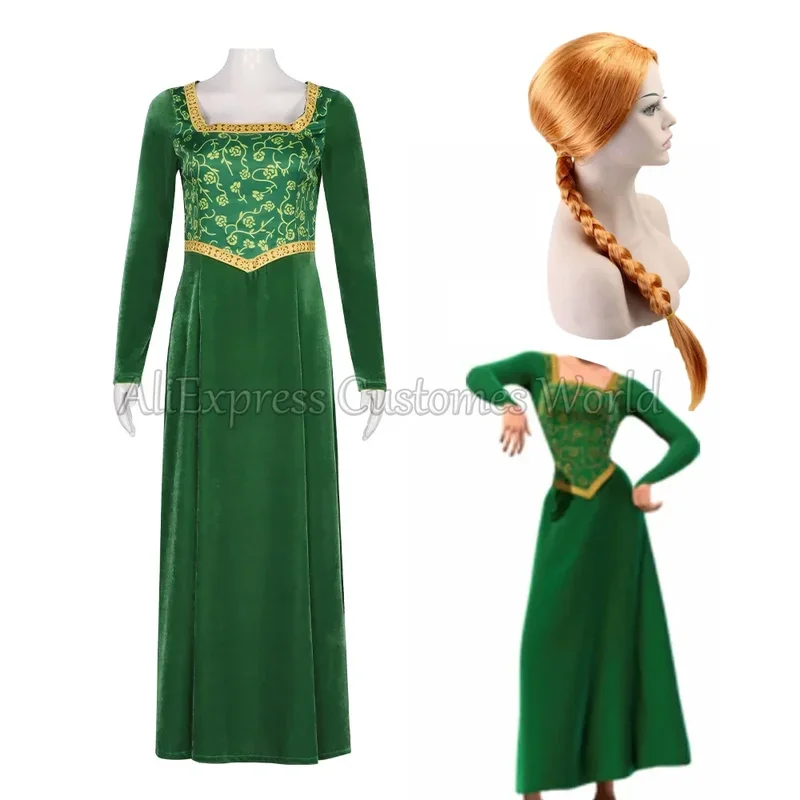 Anime Fiona Princess Cosplay Costume Shrek Fiona Green Dress headgear Halloween Fancy Fantasy Party Roleplay for Adult Woman