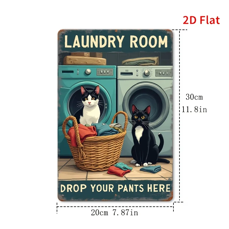 2D Flat Design, a Vintage Laundry Room Metal Sign - Mini Wall Art Featuring a Washing Machine And Cat Design, 8X12 Inches Rustic