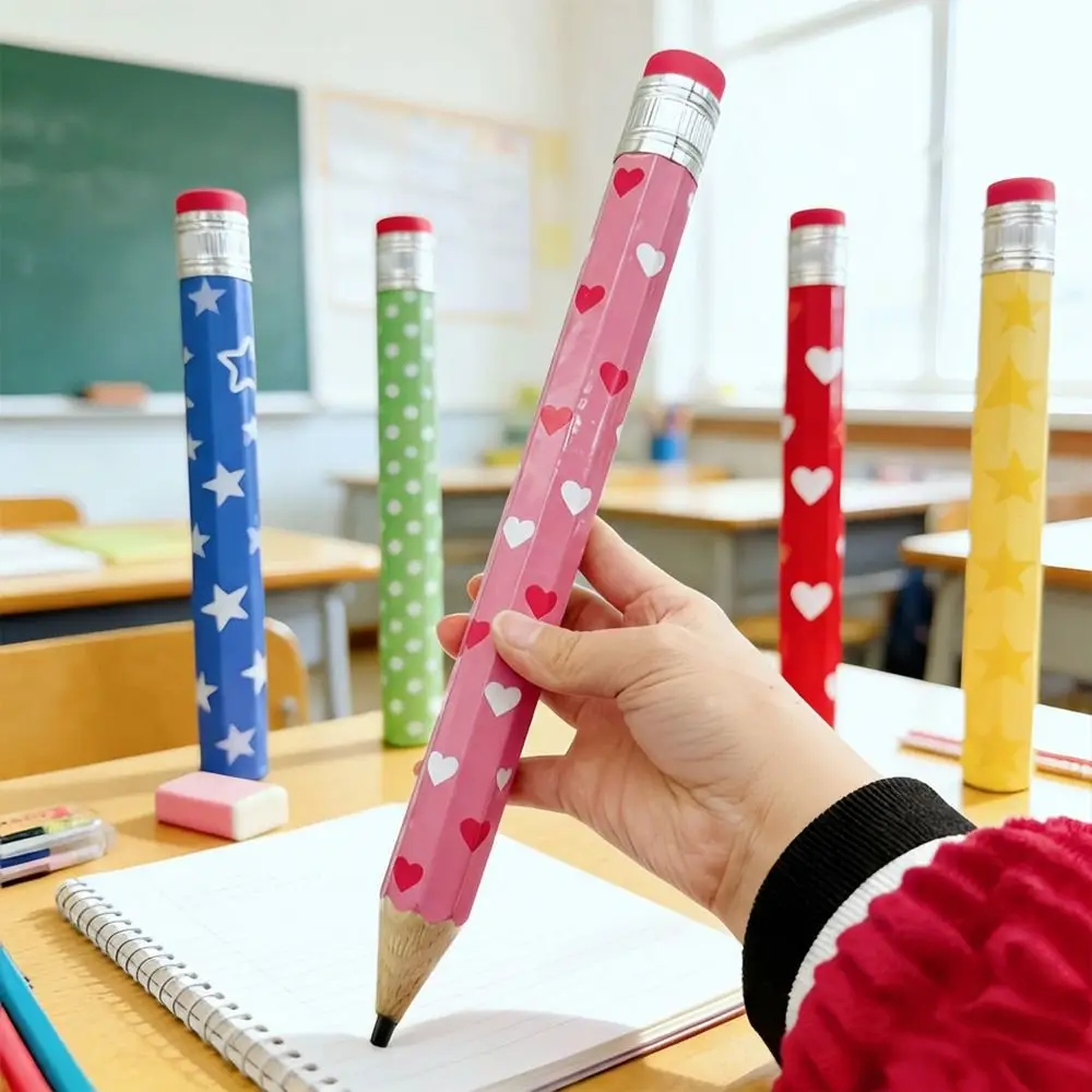 Funny Wooden Big Pencil 34CM with Eraser Giant Pencil Heart Geometric Printed Stationery Pencil Performance Prop