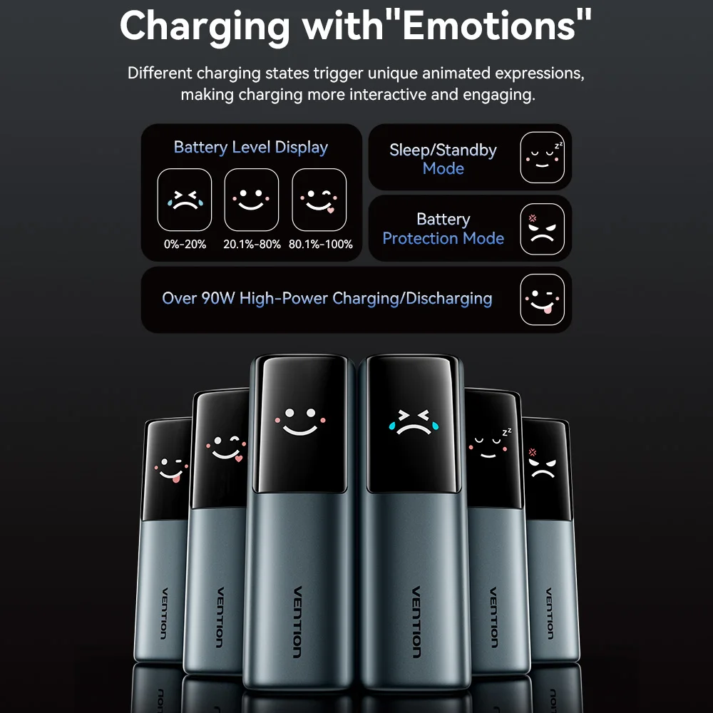 Vention Power Bank 27000mAh 200W PD شاحن سريع مع كابل USB-C مدمج بطارية احتياطية خارجية بنك طاقة محمول لأجهزة الكمبيوتر المحمول