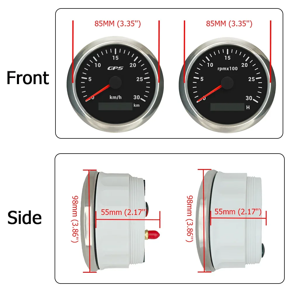 Waterproof Car 85mm GPS Speedometer 0-30km/h 60KMH 200KM/H + 0-3000RPM Tachometer with GPS Antenna and 7 Colors Backlight 9-32V