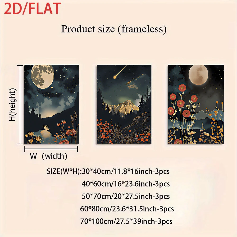 3PCS Frameless,1 set of three frameless modern minimalist background wall paintings featuring starry sky, moon, and landscape de