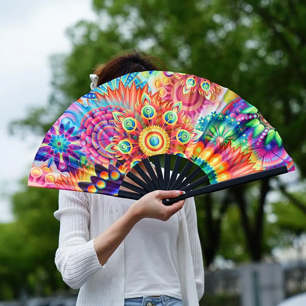 33cm Large Folding Hand Rave Fan Chinease/Japanese Gradient Colorful Reflective Foldable Fan Music Festival Fan Dance Fan Gifts