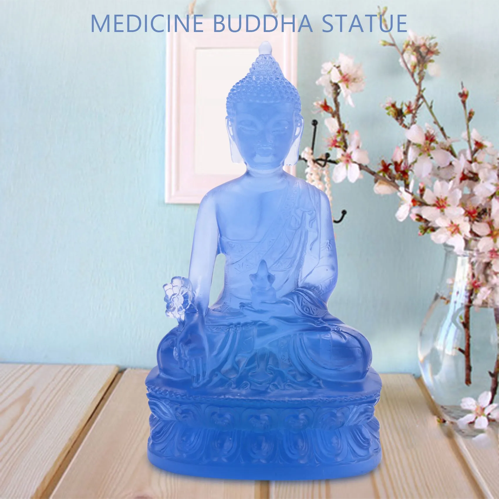 Tibetan Medicine Buddha Statue,Translucent Resin Buddha Sculpture Meditation Decor Spiritual Decor Collectible -Blue