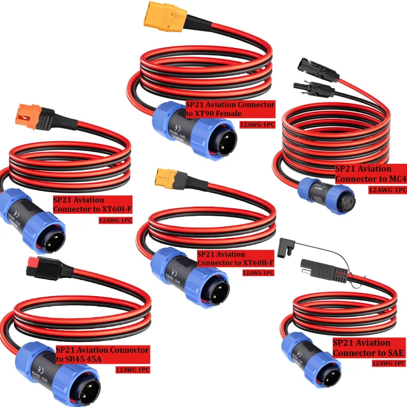 12AWG SP21 Aviation Connector Adapter Series Adapt To Solar Connect SB45 XT60I-F XT60H-F XT90-F SAE M6/M8/M10 O-Ring Terminals