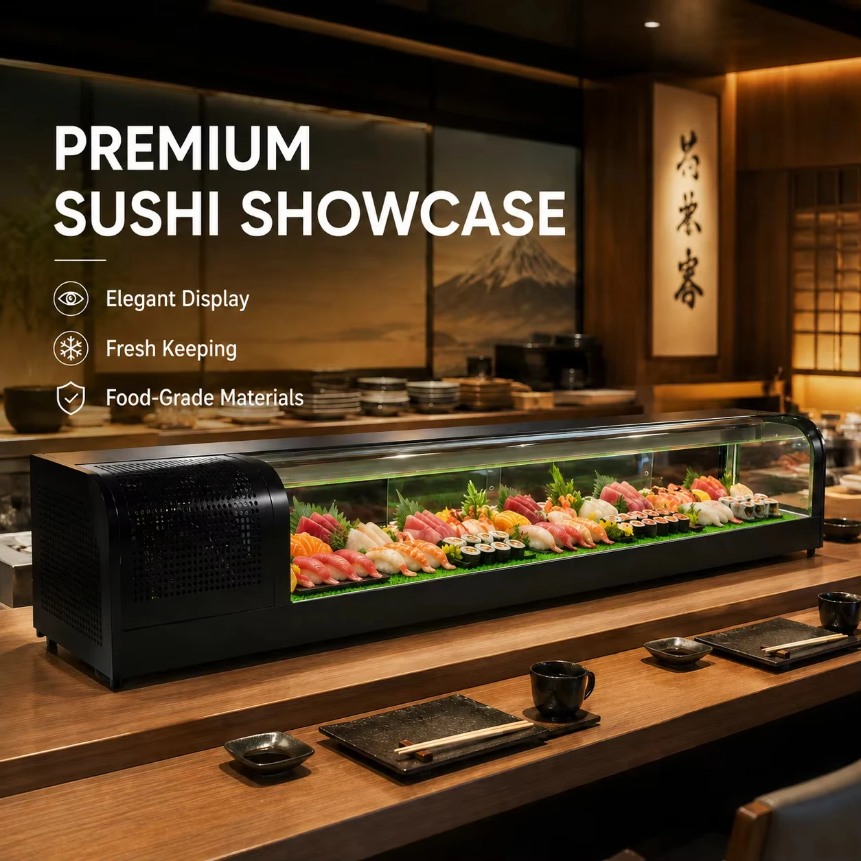 Countertop Sushi Display Refrigerator - Curved Glass Commercial Sushi Case for Japanese Restaurants