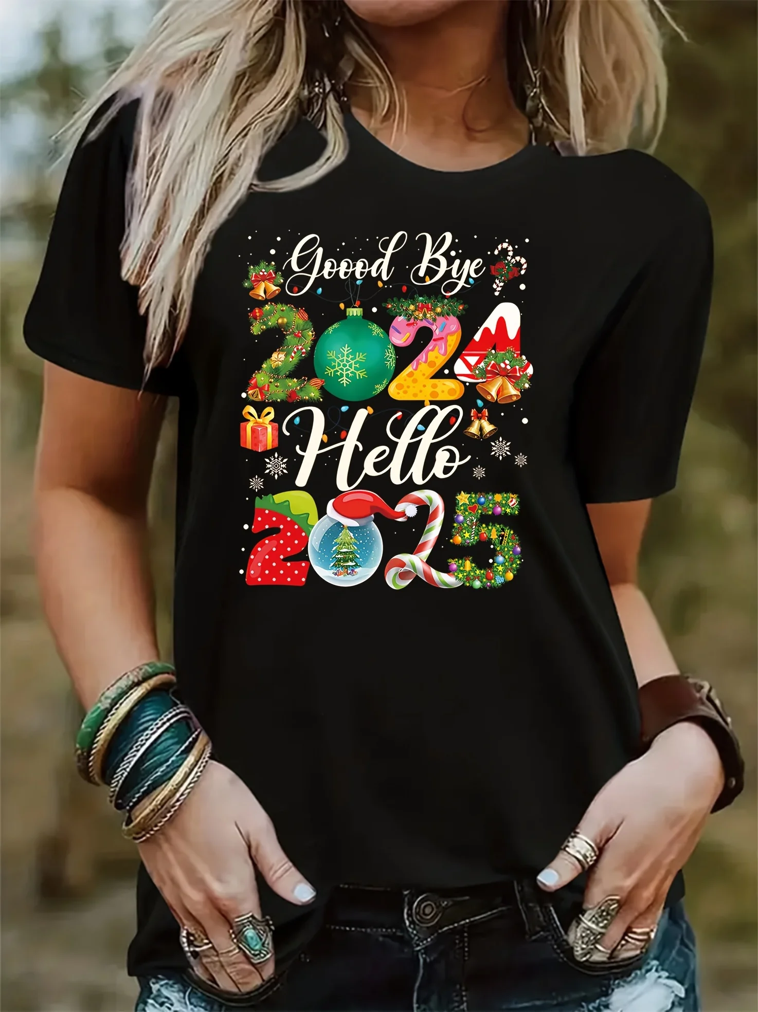 T-Shirt imprimé Gnome de noël pour femmes, col rond, avec Gnome festif, imprimé joyeux noël, t-shirts à manches courtes