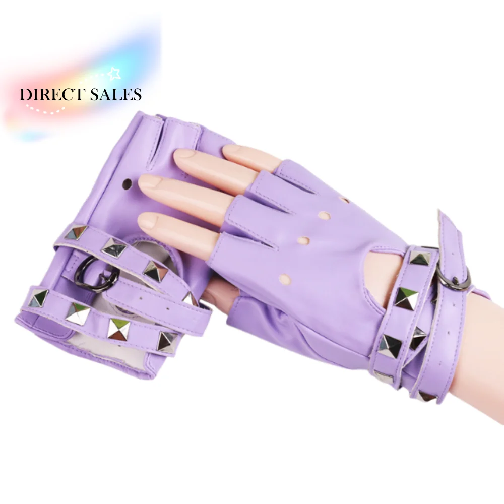 Punk Rivets Belt Wrist Gloves Cool Breathable Driving Gloves Anti-Slip Gothic Fingerless Mittens Disco Dancing