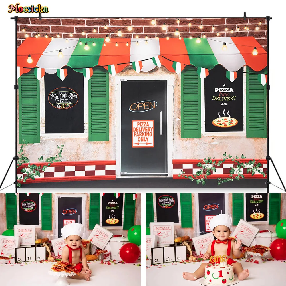 Pizza Shop Photography Background for Kids Birthday Party Decor Red Brick Wall Lights Backdrop Chef Baby Show Photo Studio