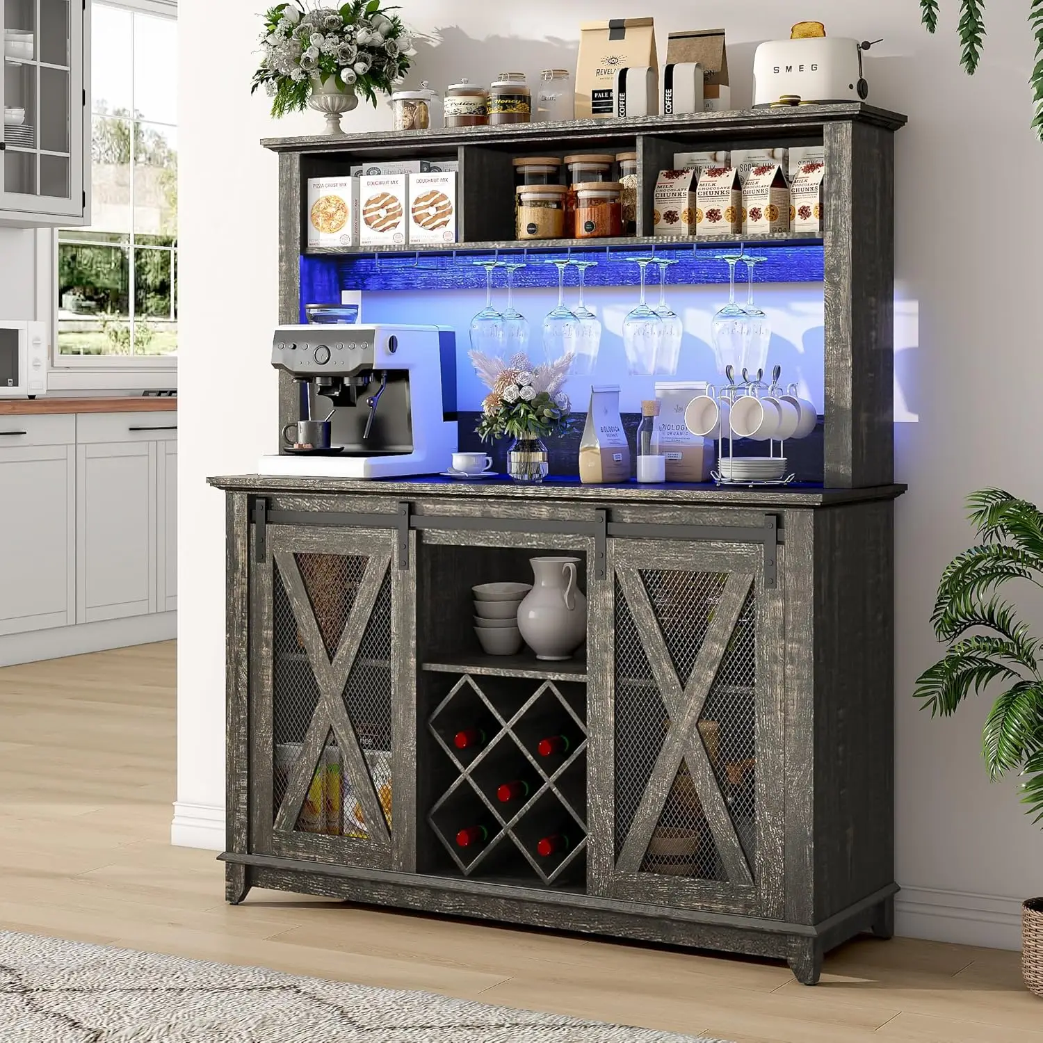 

47"Wide 56"H Farmhouse Coffee Bar Cabinet with LED Light,Wine Bar Cabinet w/3 Storage Hutch,Kitchen Buffet Cabinet w/Sliding