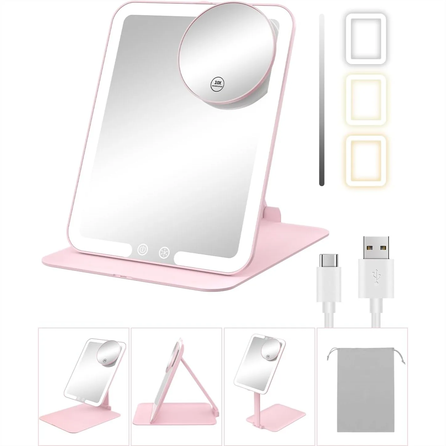 

Portable Travel Makeup Mirror With Lights And 10X Magnification, 3 Colored LED Rechargeable Compact Tabletop Mirror With Adjustable Stand For Women - Pink