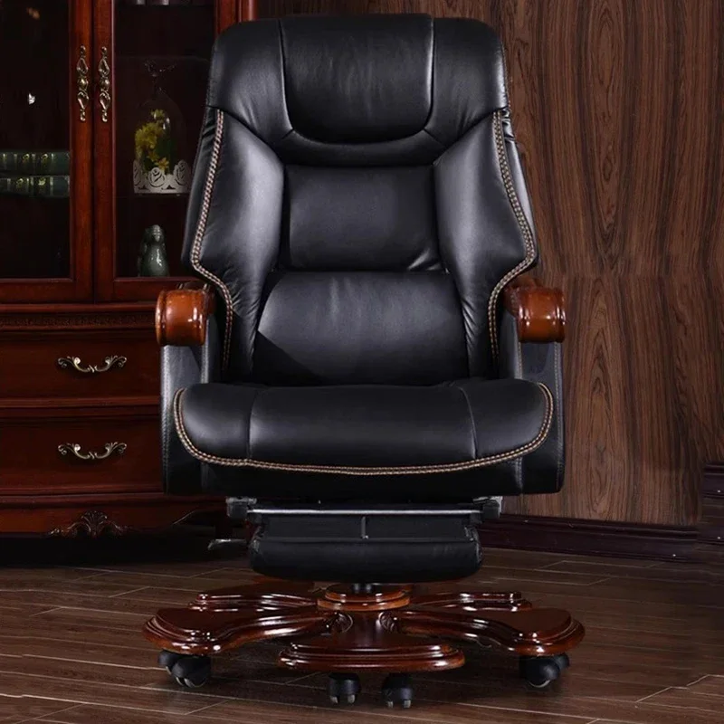 Swivel Office Chair Luxury Leather Solid Wood Legs Roller Stretch Executive Recliner Office Chair Boss Nordic Cadeiras Furniture