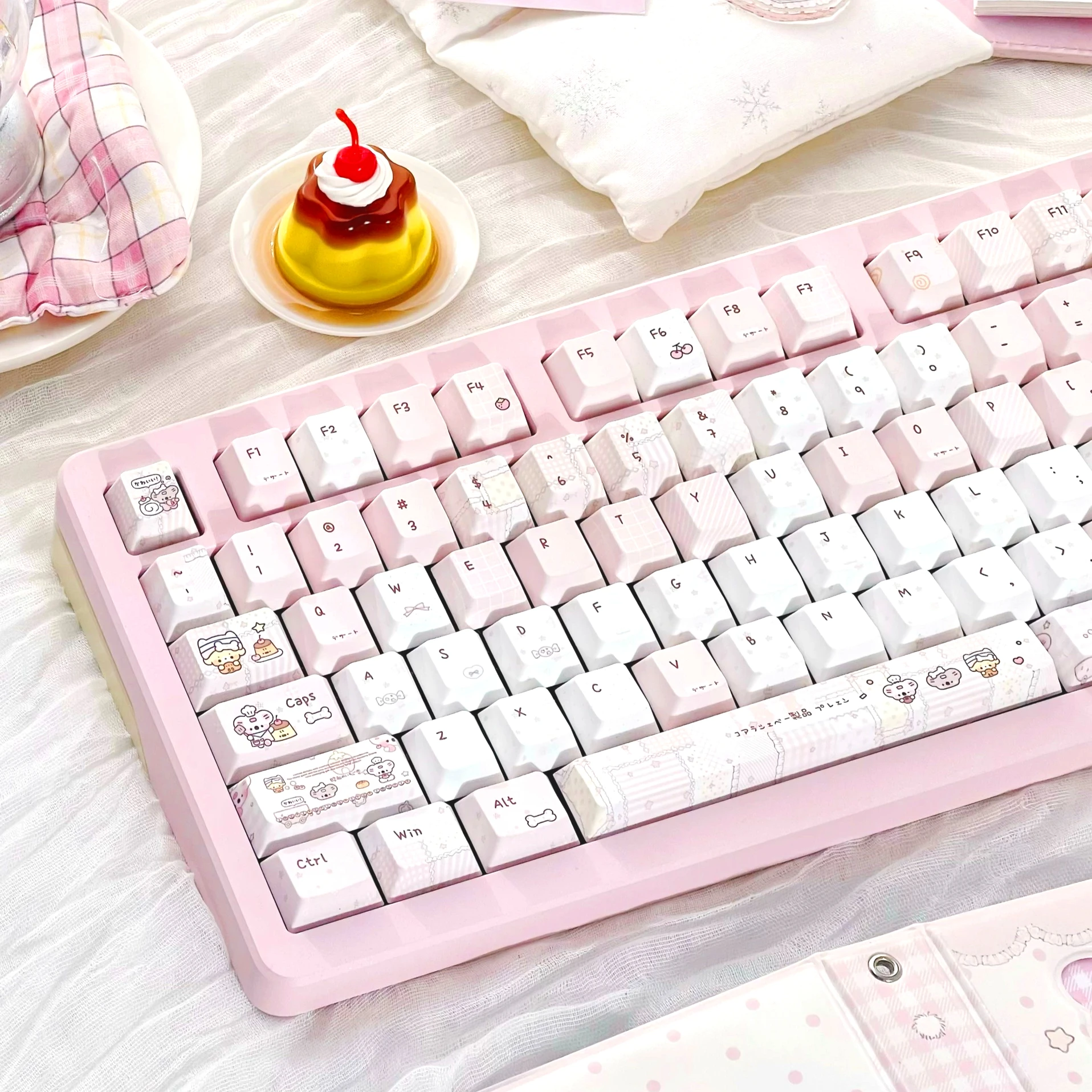 MAIMOOO Pudding Roll Keycaps Cute Girl Low Saturation Pink Cherry PBT Five Sided Thermal Sublimation for Magnetic Switch Keycaps