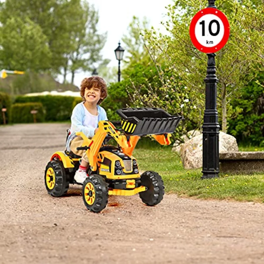 ride-on excavator for outdoor play, durable plastic body, yellow color, 12V battery power with 2 speeds, forward/backward movem