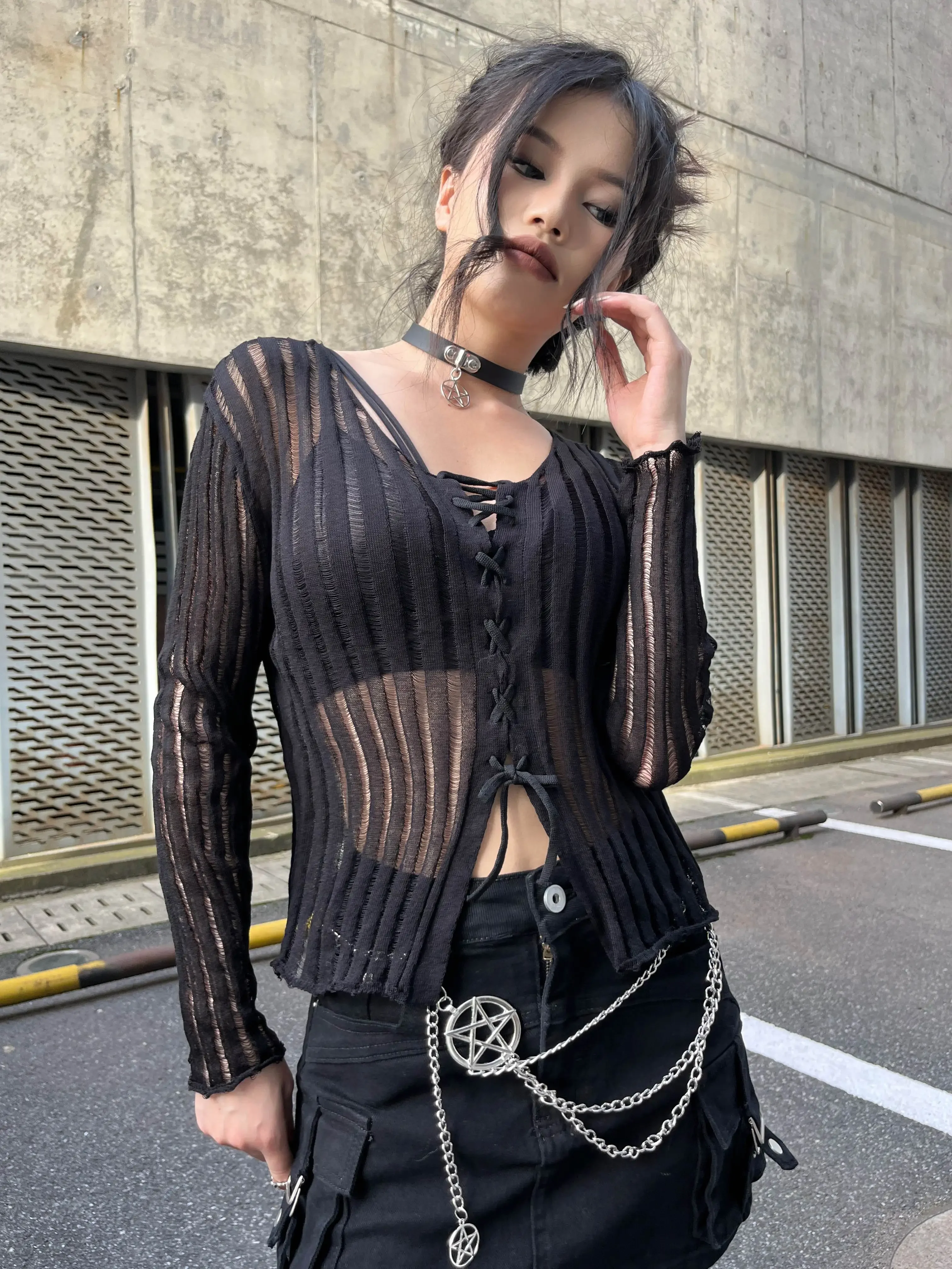 Ruibbit Sexy Harajuku Punk Gothic Girls Dark Rock Autumn Black Long Sleeve V-Neck Thin Knit Women Tops Pullover Sweater