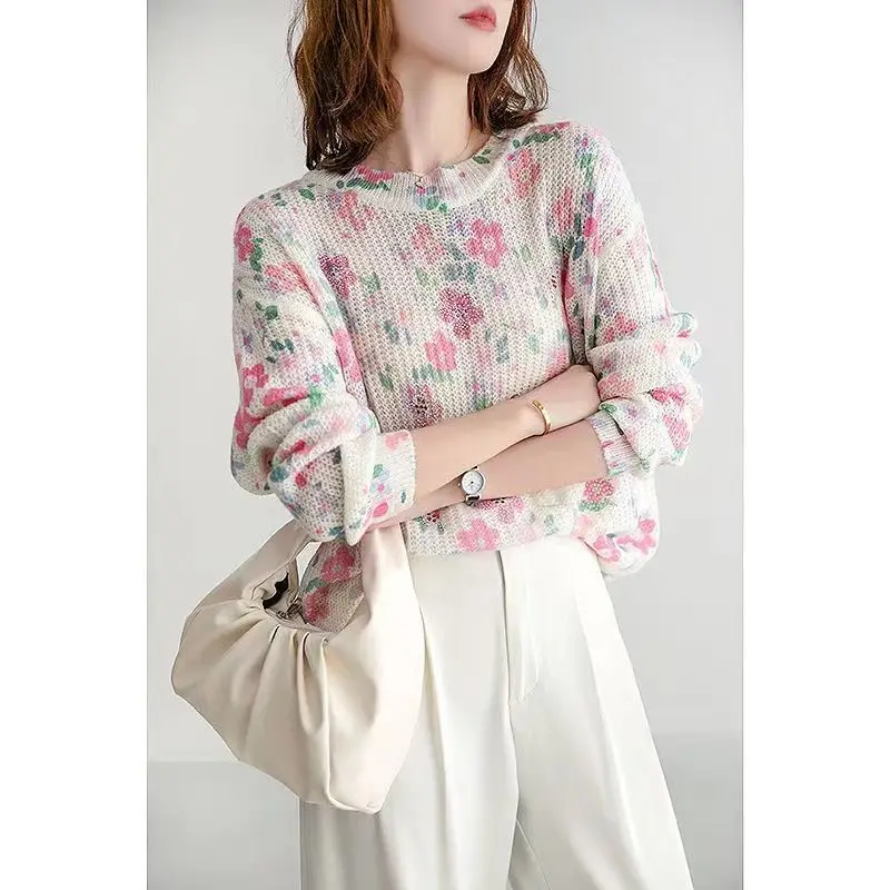 Spring Autumn New Round Neck Long Sleeve Sweater Women High Street Floral Printing Pullovers Elegant Cute Fashion All-match Tops