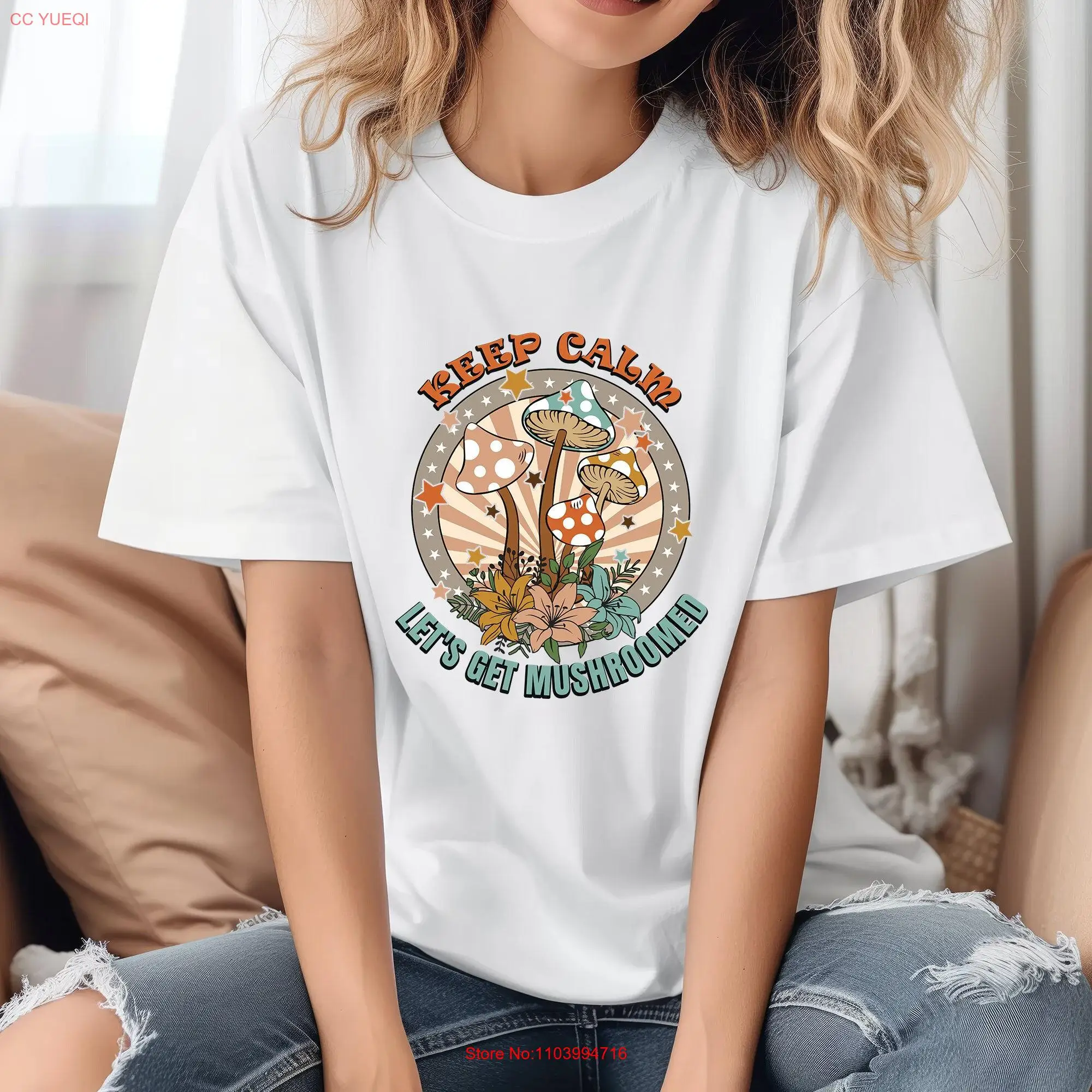 funny T shirt Boho Mushrooms Typography Humorous for Women Aesthetic Retro long or short sleeves