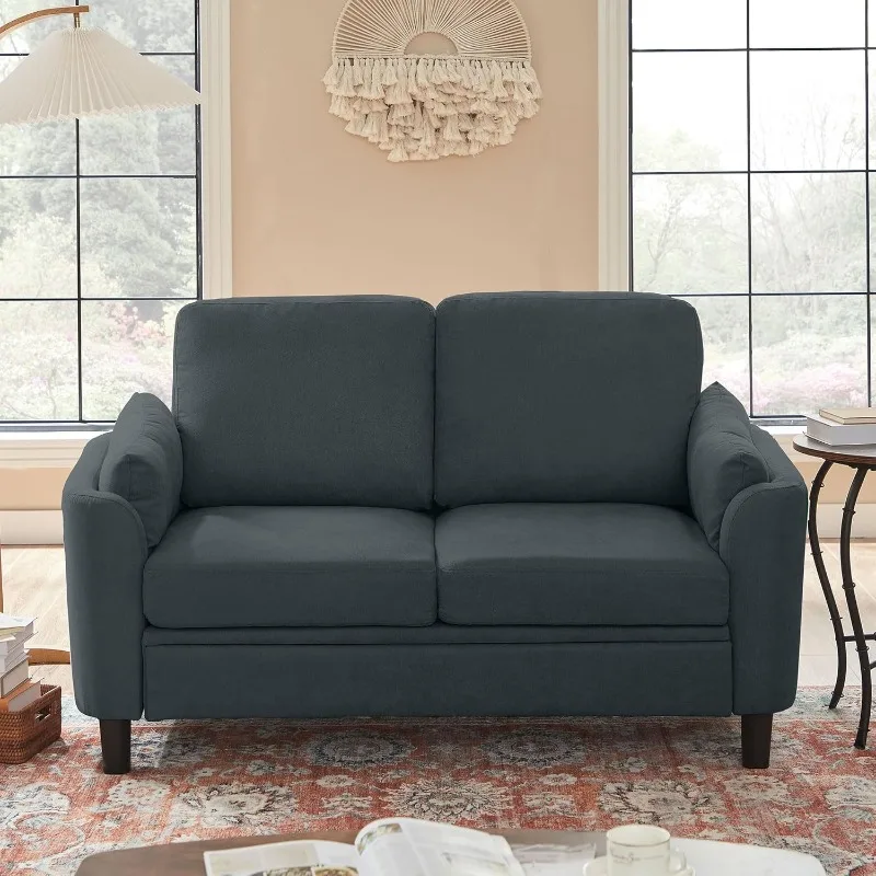 

60" Small Loveseat Sofa, Mid Century Modern Love Seat Couch with Back Cushions and Wood Legs, 2 Seater Couches Dark Grey