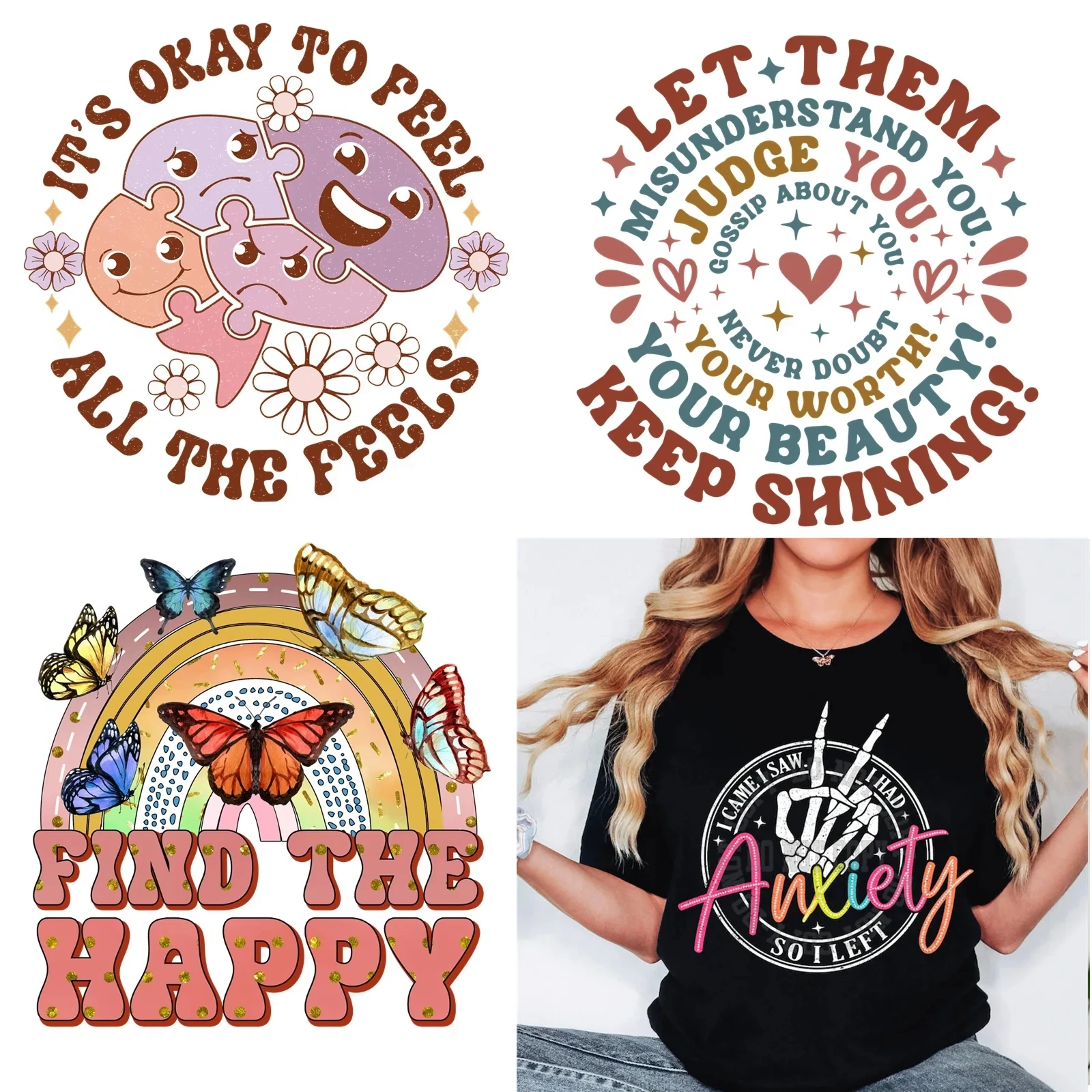 

8+ Mental Health Retro Iron on Stickers Anxiety DTF Heat Transfer Print Ready To Press For Clothing