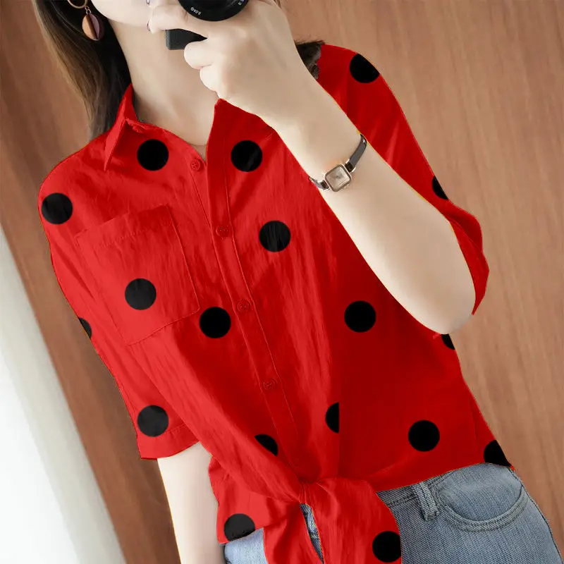 Fashion Printed Lapel Polka Dot Bandage Bow Shirt Female Clothing Summer New Commute Tops Loose Casual Blouse