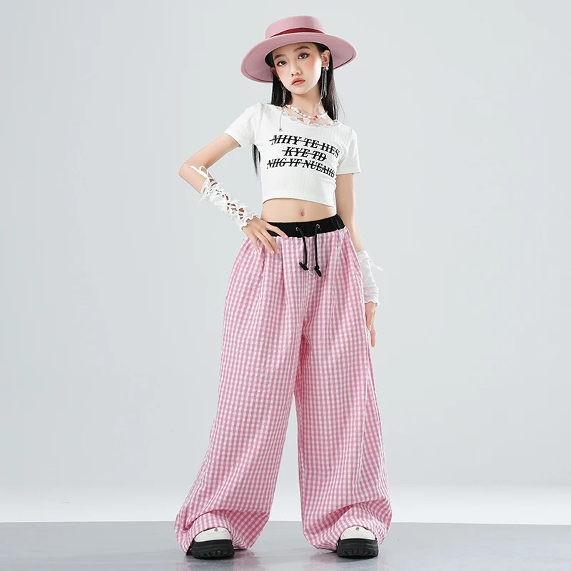 Kinder Hip Hop Kleidung Mädchen Jazz Dance Kostüm Nabel Tops Rosa Karierte Hosen Sommer Straße Tragen Kpop Leistung Anzug BL16234