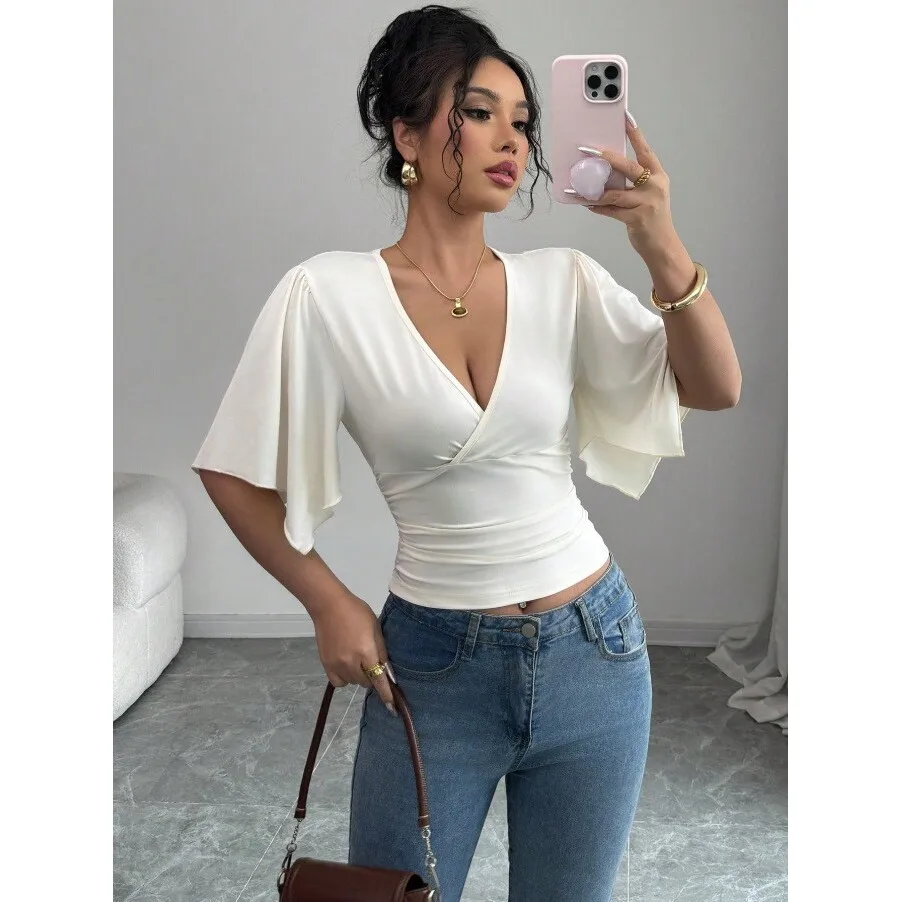 Casual Fashion Color V Neck Tee Short Sleeve Women's T-Shirt Spring 2026 Bohemian Style Other Fabric Bell Sleeve T-Shirt