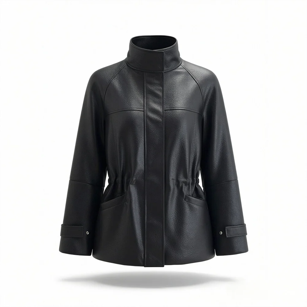 แจ็คเก็ตหนังเทียม PU แบบมีปกตั้ง แขนยาว ปรับเอวได้ มีกระเป๋า  สำหรับผู้หญิง รุ่นใหม่ ปี 2026