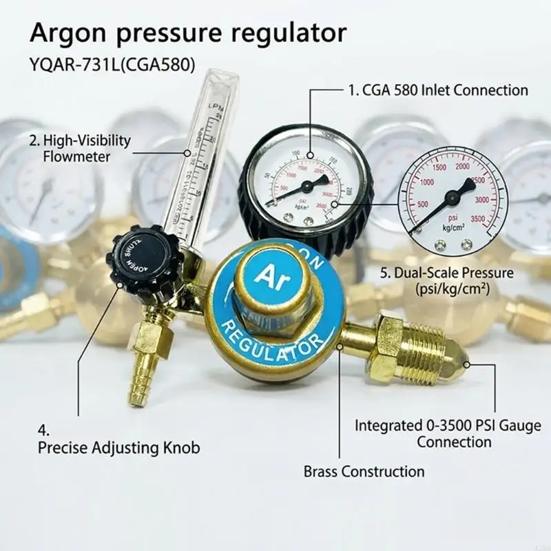 Double Display Gas Regulator And Flows Meter For TIG Welding Machines 0~4000PSI Pressure Monitoring CGA580 Compatible A2BB