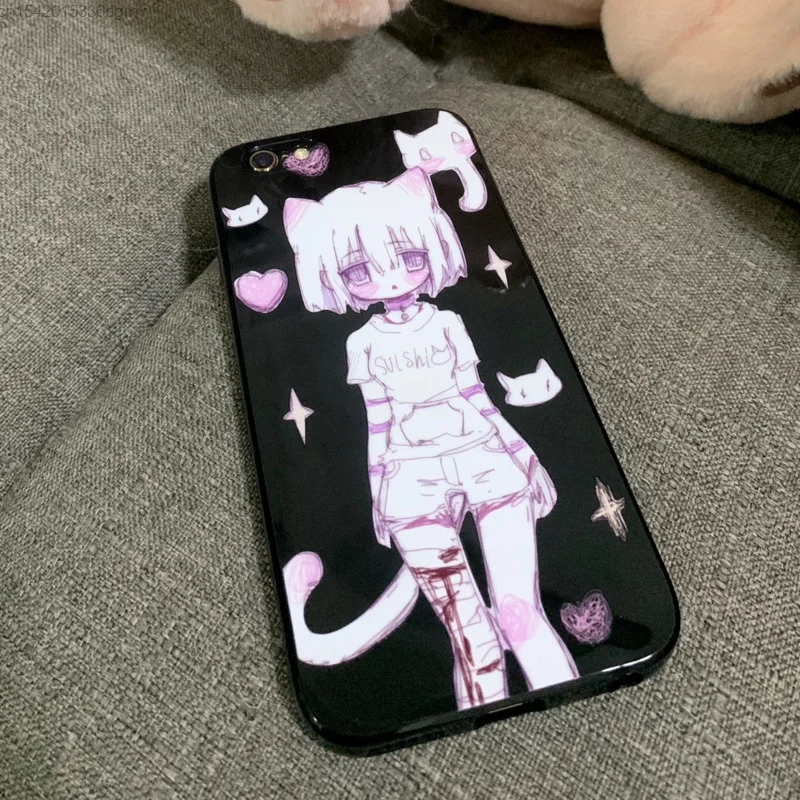 Dark Cat Sick Girl funda de teléfono de silicona para Iphone 13, 12 Mini, 7, 8, 14 Plus, gótica, Punk, japonesa, Y2k, Iphone 11 Pro, Xs Max