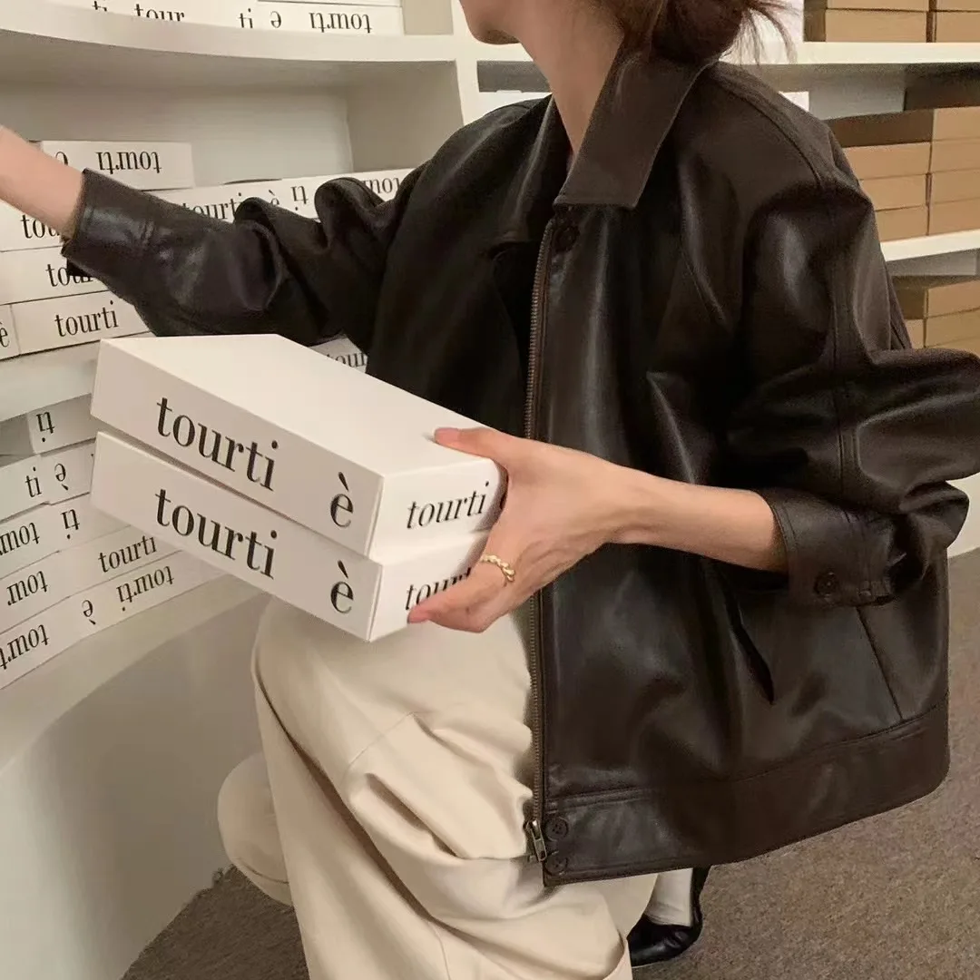 레트로 슬리 루즈핏 바이커 재킷, 지퍼 포켓 플립 칼라 PU 가죽 코트, 여성용, 2026년 봄 패션 트렌드