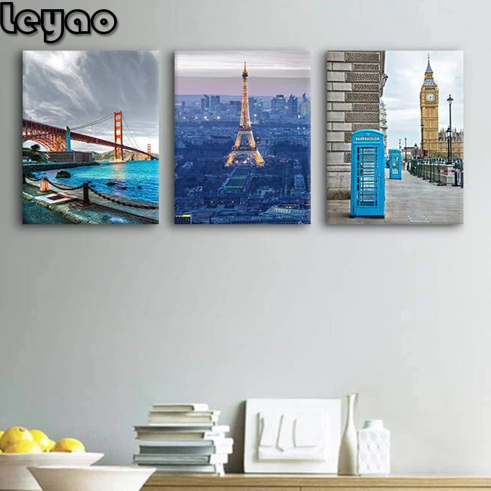 

3 piece sets bridge tower telephone booth Landscape 5d diy diamond painting full square round diamond mosaic triptych home decor